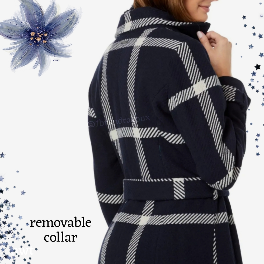 Brand New Vince Camuto Wool Belted Navy White Plaid Trench Coat Fur LARGE FUR - Picture 10 of 17